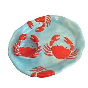 Dennis East Ceramic Crab Chip and Dip Serving Platter Blue Red Nautical Coastal